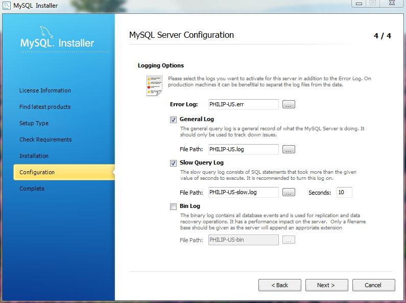 MySQL Installer - MySQL Server Configuration: Logging options