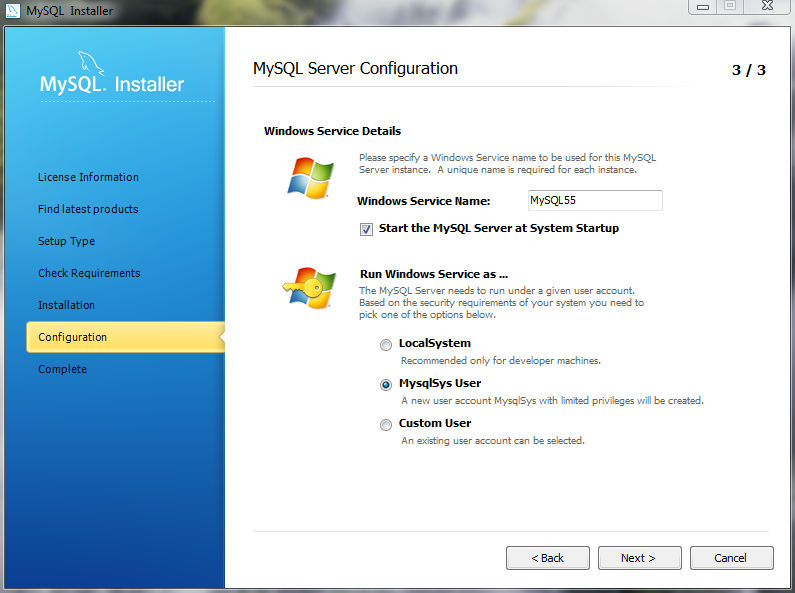 MySQL Installer - MySQL Server Configuration: Windows service details