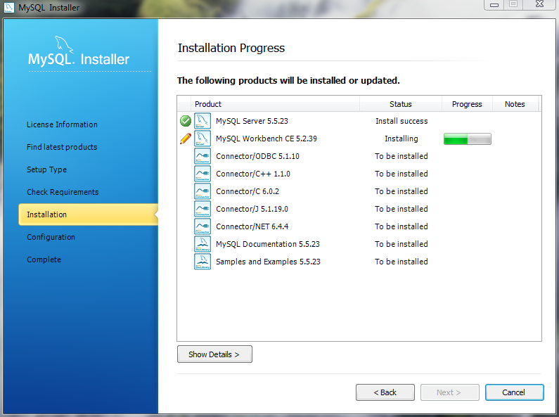 MySQL Installer - Installation Progress status