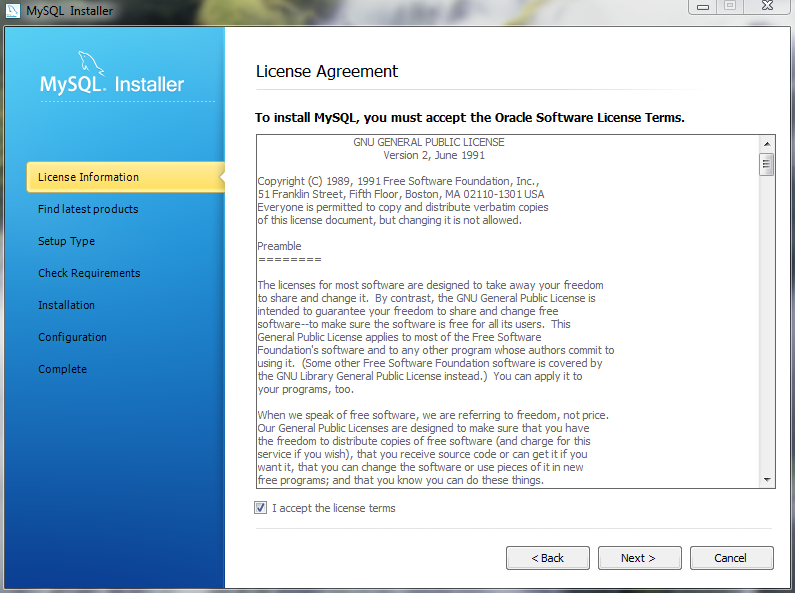 MySQL Installer - License Agreement
